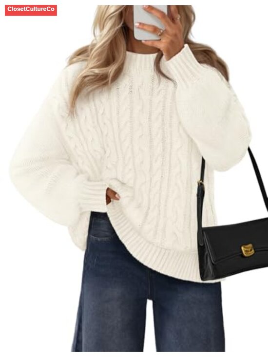 Sweaters - Womens Cable Knit Sweater Long Lantern Sleeve Crewneck Chunky Pullover